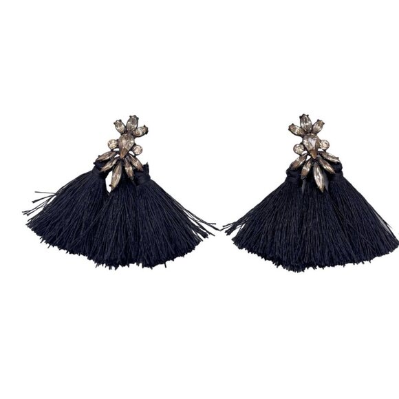 Faceted Crystals Dark Black Tassel Dangle Drop Earrings - Picture 1 of 7